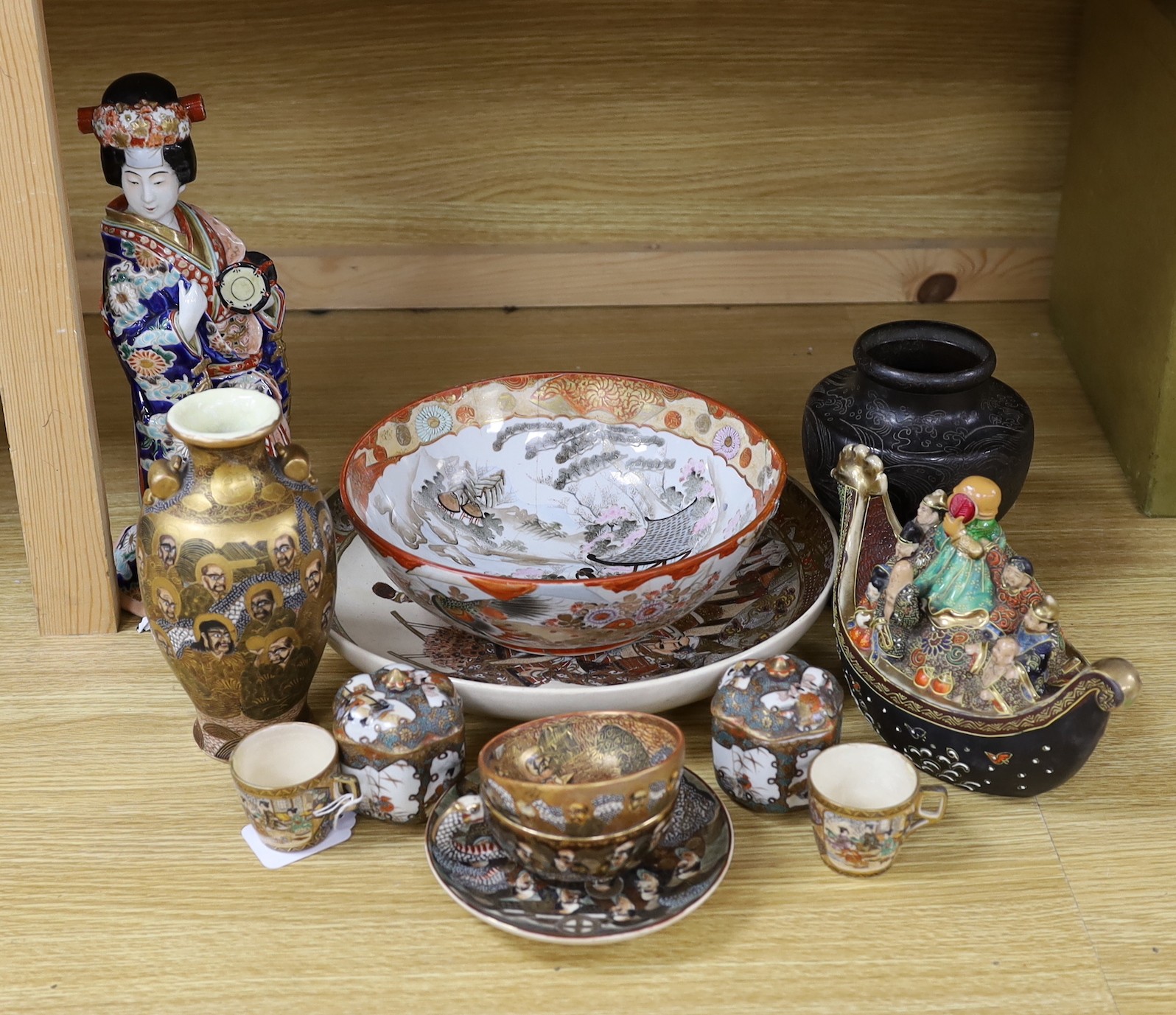 A group of various Japanese ceramics including kutani and satsuma and a similar bronze vase